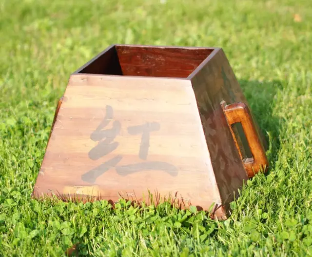 Antique Asian Rice Harvest Bucket Large Wooden Brown 1900s