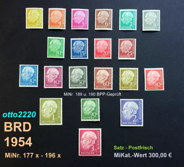 BRD 1954, Freimarken "Heuss", MiNr. 177 x-196 x,189/190 BPP-geprüft, Postfrisch