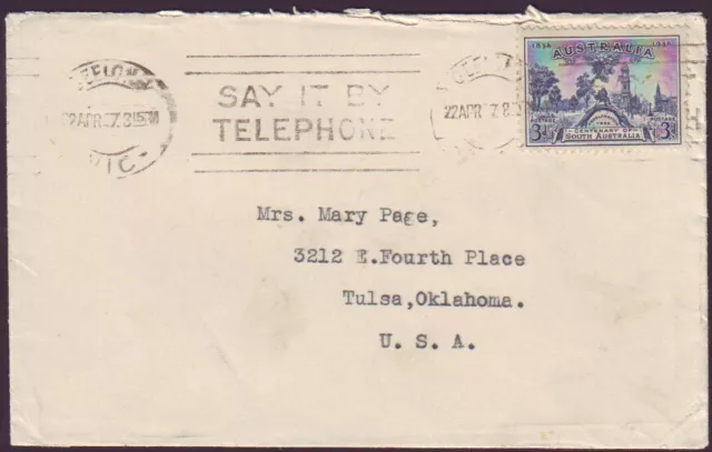 1937 LETTER TO USA WITH 3d BLUE SOUTH AUSTRALIA AND CONTENTS - HAM RADIO CARD