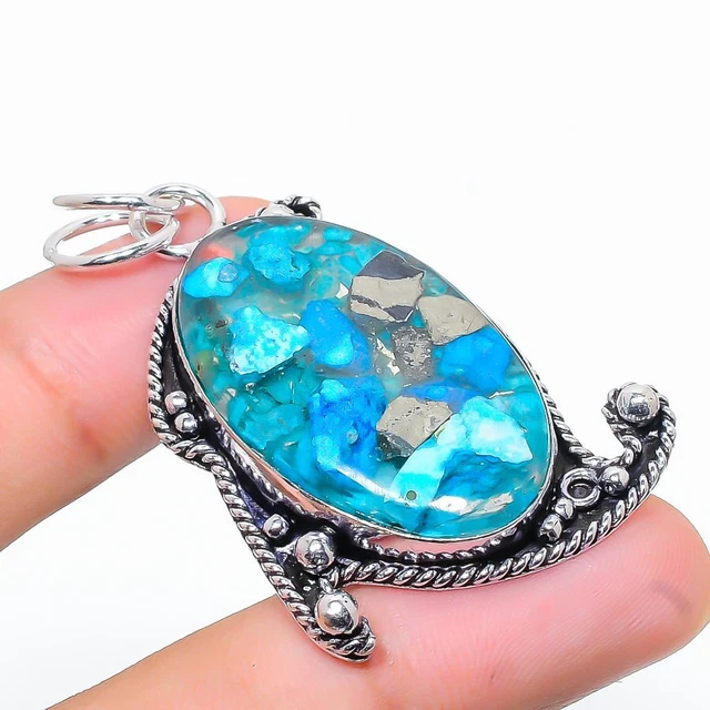 Copper Blue Turquoise Gemstone 925 Sterling Silver Jewelry Pendant 2.25" E553