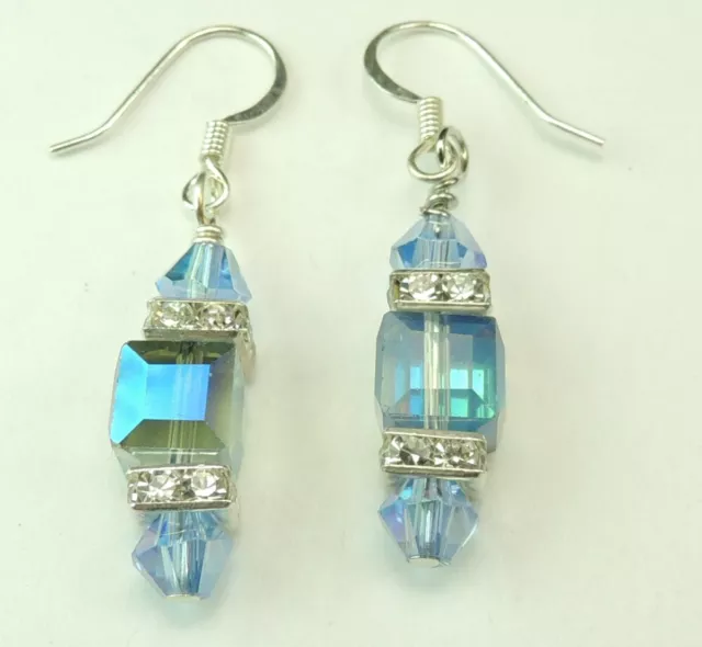 Blue Crystal Cubes with Rhinestone Rhondelles Earrings  Handmade Jewelry