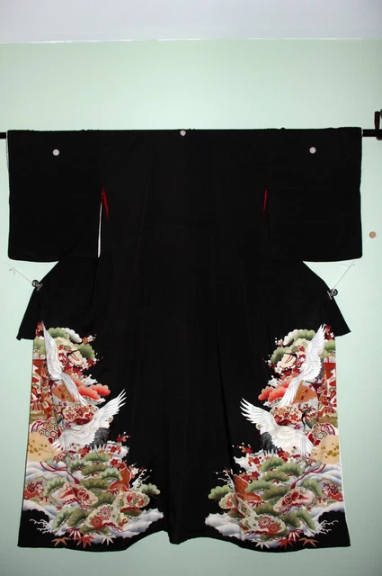 Lovely! Antique Vintage Japanese Silk Kimono Showa Taisho Tomesode w cranes