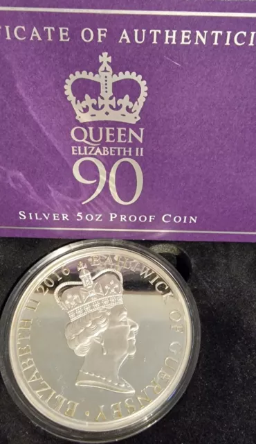 Queen Elizabeth II 90th Birthday 2016 Silver Proof 5oz Guernsey £10 Coin Box/Coa