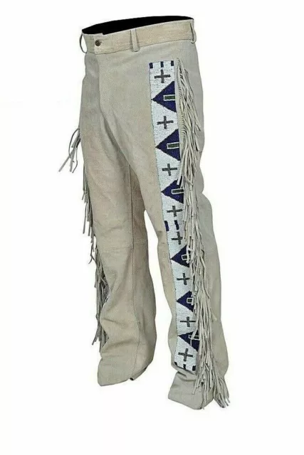 Mens Native American Buckskin Suede Leather Pants Fringes Mountain Man Indian