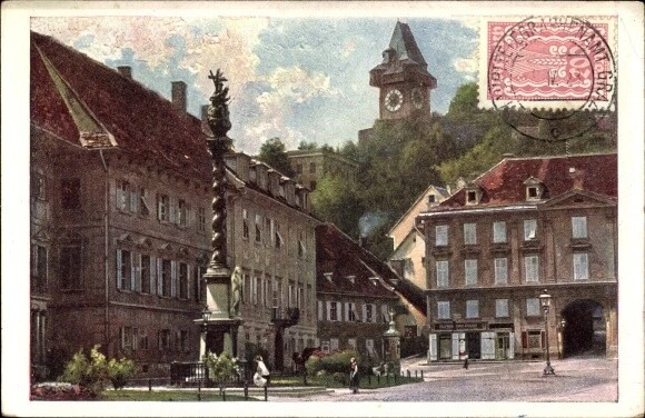 Künstler Ak Graz Steiermark, Teilansicht vom Ort, Denkmal, Kirche - 3675699