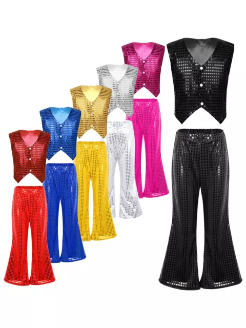 Jungen Mädchen Outfits Pailletten Tanzbekleidung Glittery Kostüme Disco Weste