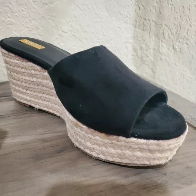 Qupid Espadrille Black Faux Suede Open Toe Platform Sandals Size 9 3