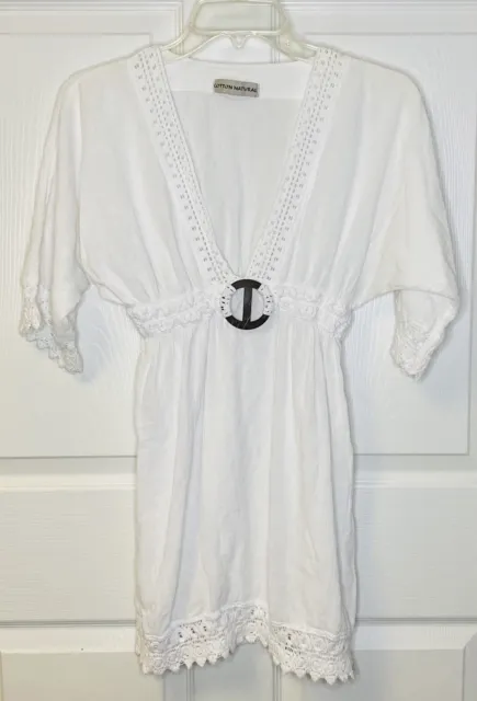 Cotton Natural Dress / Coverup Fringe Trim White Size Small Preowned See Desc.