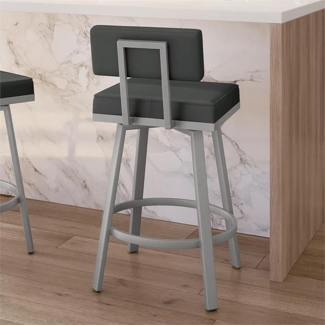 Amisco Staten 30 In. Swivel Bar Stool - Dark Grey Faux Leather / Shiny Grey