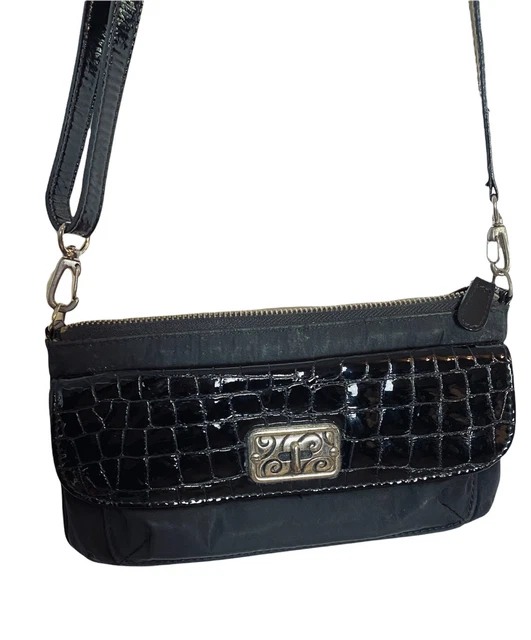 Vtg. Brighton Black Nylon Croc Embossed Crossbody Wallet Bag Shoulder Purse