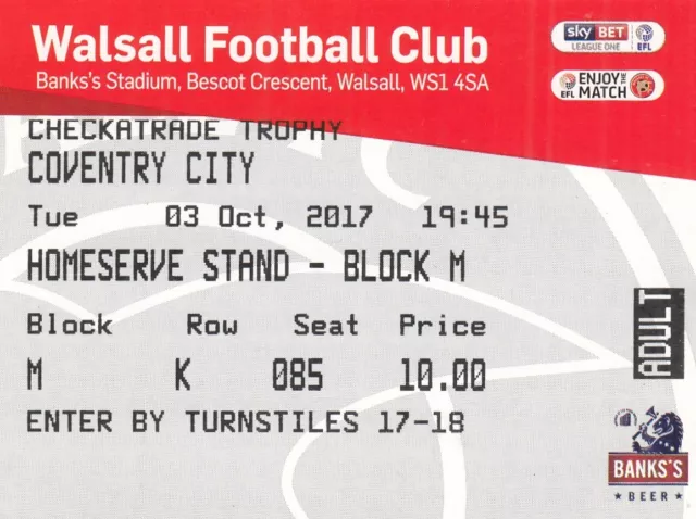 Ticket - Walsall v Coventry City 03.10.17 Checkatrade Trophy