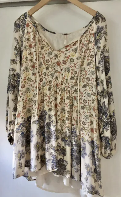 FREE PEOPLE Womens Boho Tunic Dress Top Ivory Floral Lined w/Slip Size M