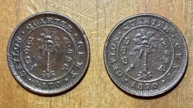 2x Ceylon 1870 1/4 Cent Victoria Coins Scarce