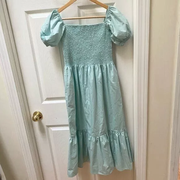 OPT one pretty time smocked tiered short sleeve aqua blue maxi dress  size s