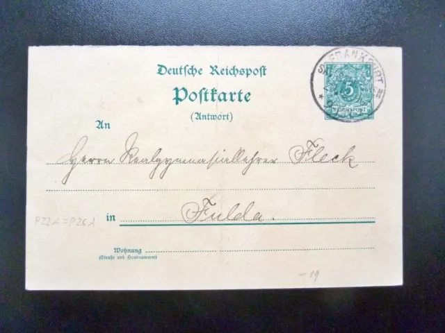 DR-Antwortpostkarte P22A, Stempel FRANKFURT SACHSENHAUSEN nach FULDA 2