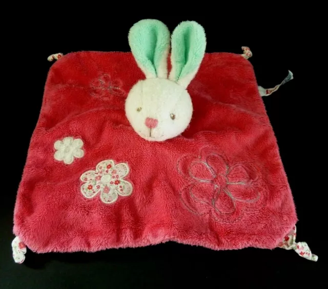 *. Doudou Plat Toodo Lapin Rose Vert Blanc Fleur Carre - Excellent Etat