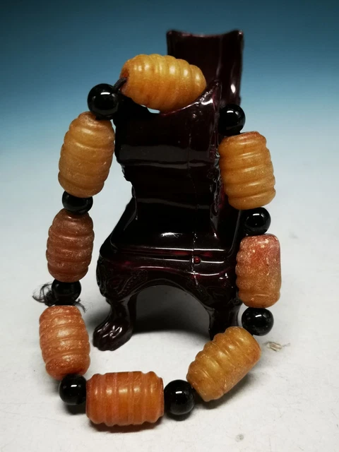 Vintage Unusual Natural Yellow Jade Beads Hand Carved Prayer Beads Bracelet R21