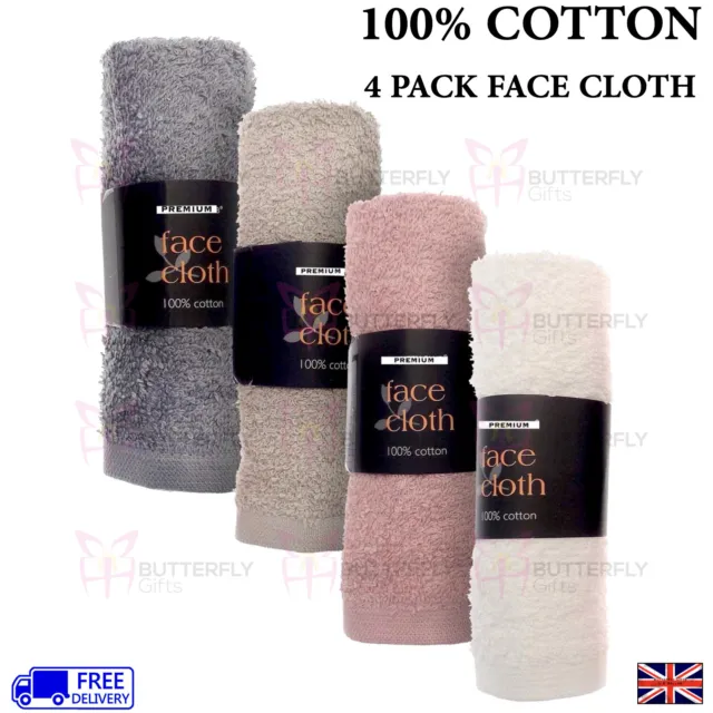 PREMIUM 4 Pack 100% Cotton Face Towels Flannels Wash Cloths Soft 30 x 30 cm