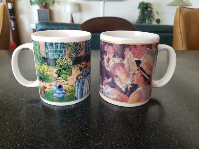 2  Vintage MONET RENOIR CAFE ARTS  COFFEE MUGS CHALEUR PICNIC DINNER FOOD