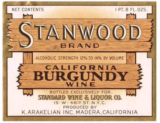 C1930S Stanwood Wine Bottle Label Madera California Original Vintage Burgundy