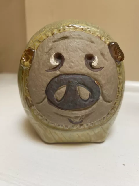 Piggy Bank vintage argile ronde brunâtre céramique peinte à la main art poterie
