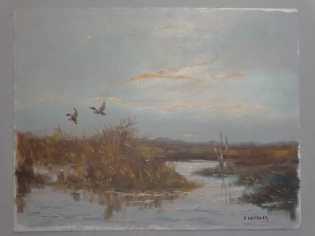 Landschaft am Fluss mit fliegenden Enten signiert Fluttger Ölbild Malerei 20.Jh