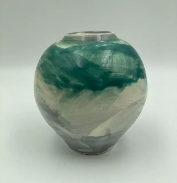 Lyrebird Ridge Pottery Brush Painted Vase Blue/Green Grey Australia 10.5cm
