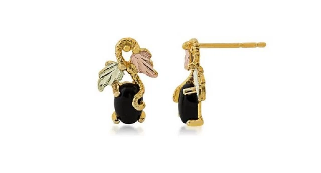 12k Black Hills Gold Ladies' Genuine Oval Onyx Earrings with Leaf & Vine Accents