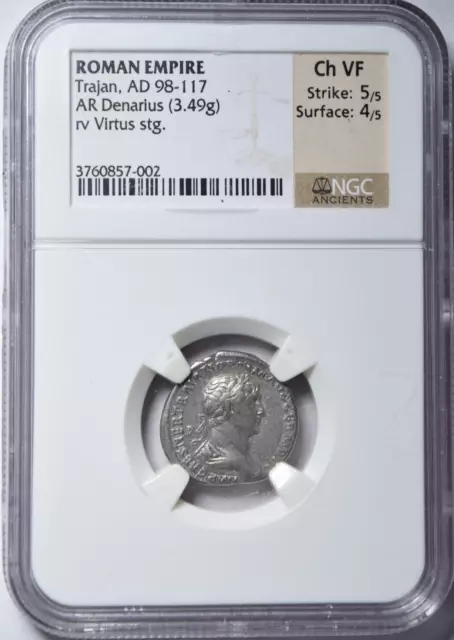 Roman Empire ~ Trajan / Virtus Standing Ad 98-117 Silver Denarius Ngc Vf 5/4!