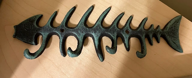 Fish Bone Key Rack Cast Iron Skeleton Hook Coat Towel Hanger Turquoise Finish