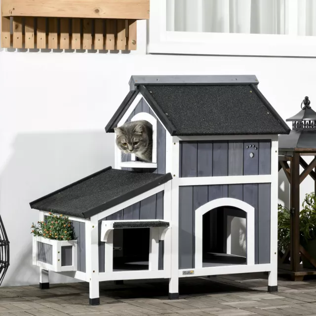 Outdoor Wooden Cat House Shelter w/ Water-Resistant Roof, Flower Pot