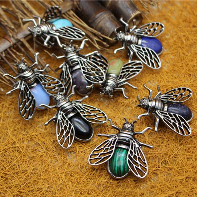 Retro Amethyst Stone Cicada Fly Pendant Brooch Chakra Reiki Healing Amulet Gift