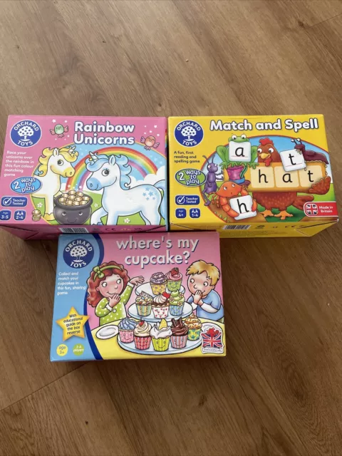 3 X Orchard Toys Games Bundle Inc Rainbow Unicorns, Match & Spell, Where My Cupc