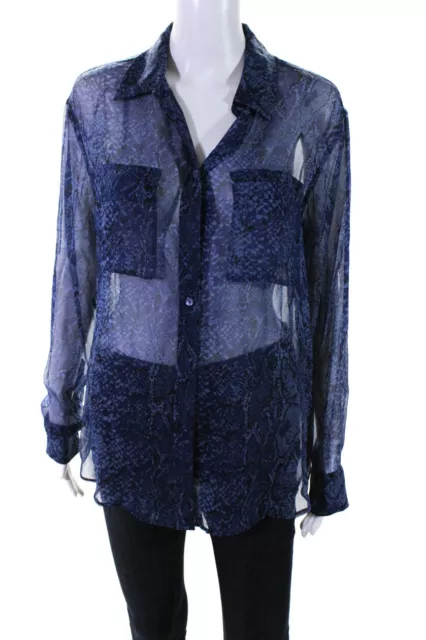 Equipment Femme Womens Silk Sheer Long Sleeve Button-Up Blouse Blue Size S