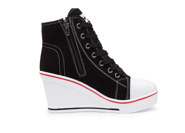 New Lady's High Top Wedge Heel Sneakers Women Pumps Lace Up Sport Shoes Canvas