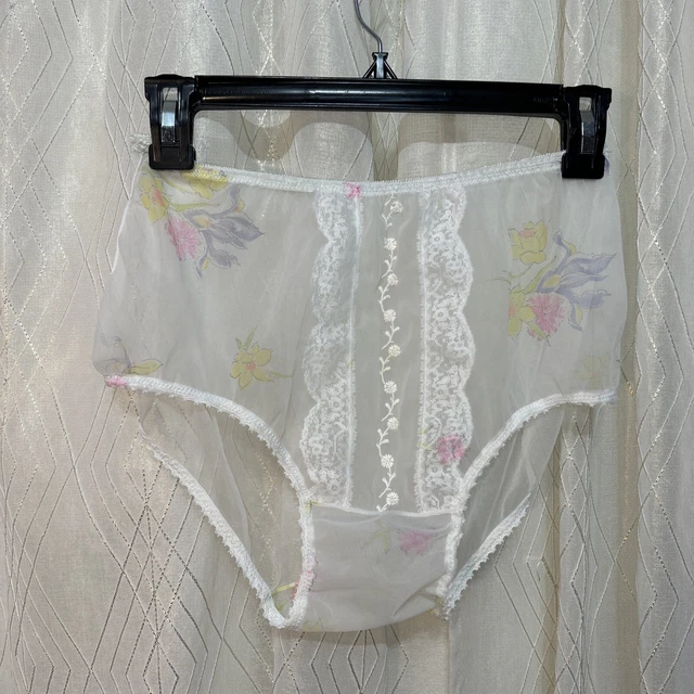 VTG M GRANNY Panties Sissy nylon Wide gusset Soft Floral Sheer Chiffon