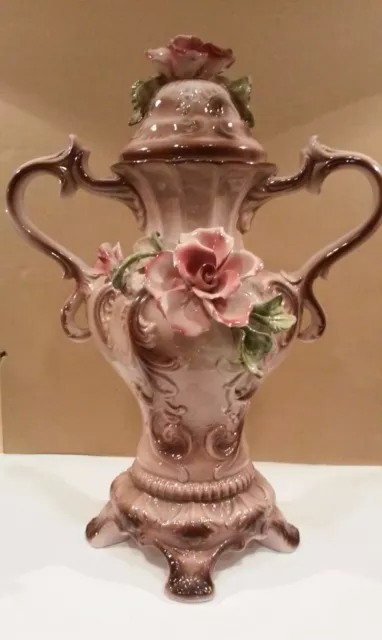 Vintage Capodimonte Large 19" Tall Handled Covered Urn/Vase Roses ~ Italy