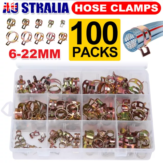 100x Spring Clips Hose Clamps Set 6mm-22mm Adjustable Range Worm Gear Pipe Tool