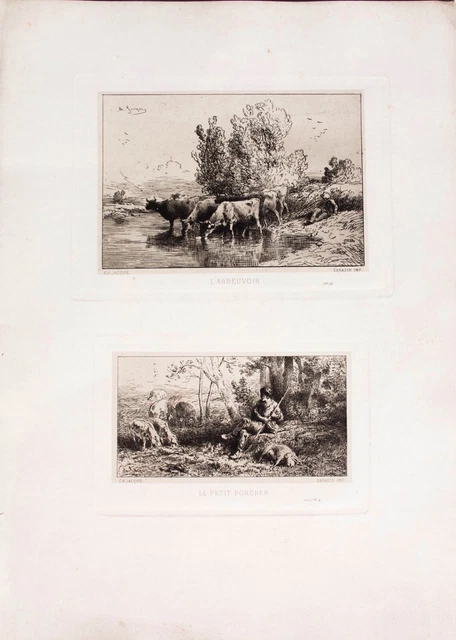 Charles Jacque L'abreuvoir & porcher 2 gravures originales Barbizon 42x32cm