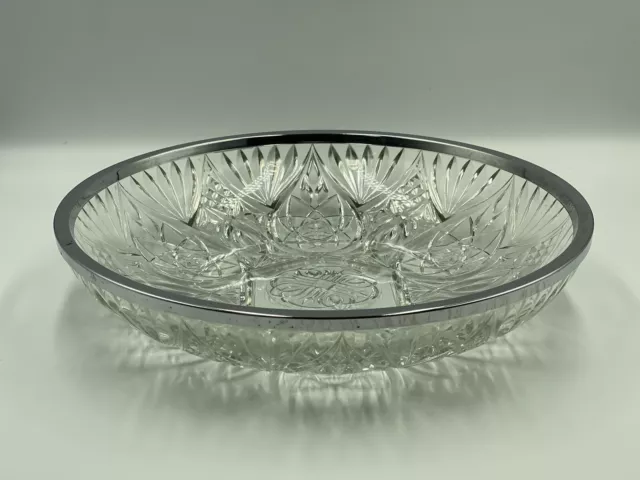 Vintage Cut Glass Round Fruit Bowl 30cm Silver Plate Trim Decorative Tableware