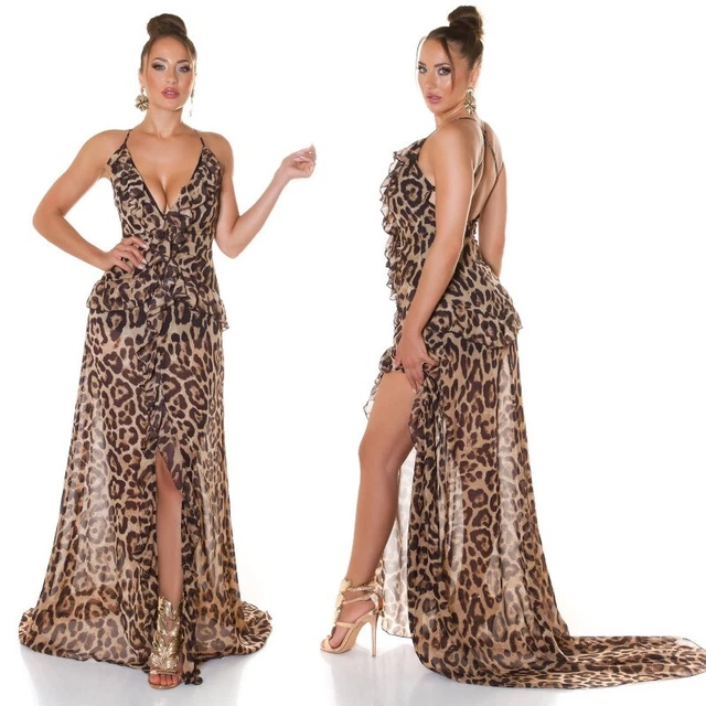 Abito donna lungo con spacco leopardato animalier senza maniche sexy koucla