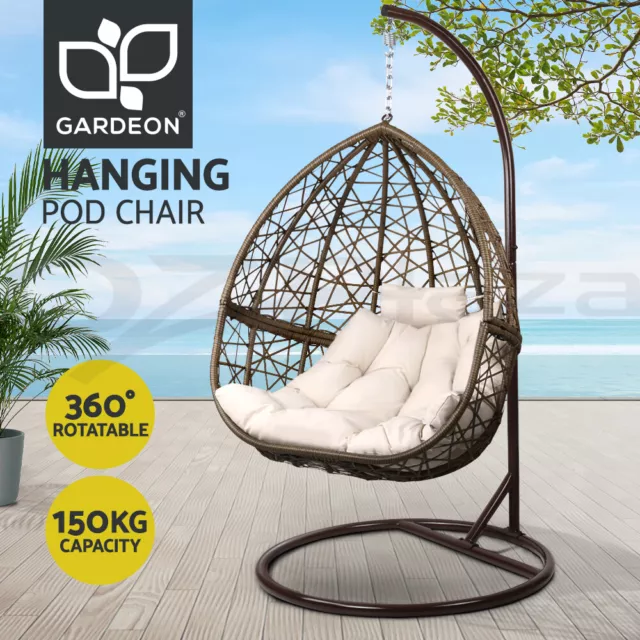 Gardeon Outdoor Egg Swing Chair Wicker Rattan Furniture Pod Stand Cushion Latte