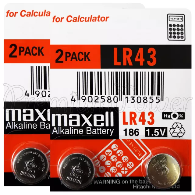 4 X Maxell Alcalino LR43 186 Batterie 1.5V 1176A AG12 Calcolatrice Pacco Di 2