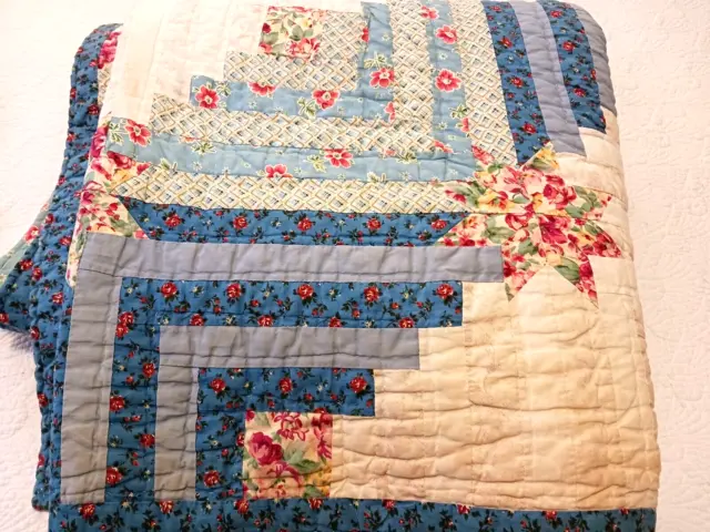 Pretty Blue White Floral Log Cabin Patchwork Quilt 1940s-Style Queen 88x92 PDK