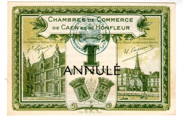 FRANCE CHAMBRE COMMERCE HONFLEUR CAEN 1 FRANC 1915 1920 NECESSSITE Annulé NEUF