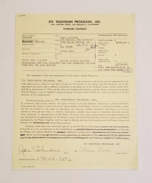 Joan Blondell Signed Ziv Television Contract for Eddie Cantor Show 1955 RARE