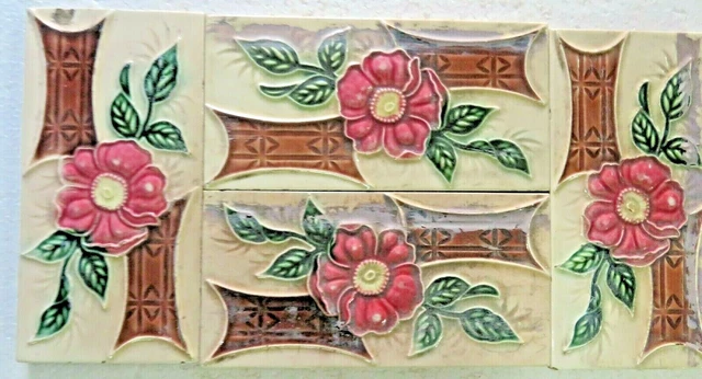 Antique Glazed porcelain Majolica 4 tile 3"x 6" Art & craft Border frame display