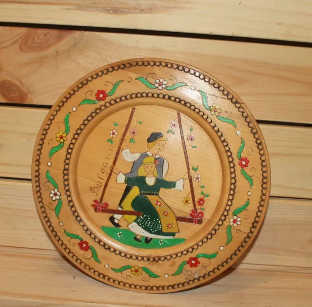 Vintage Bulgarian souvenir hand made pyrography wood wall hanging plate