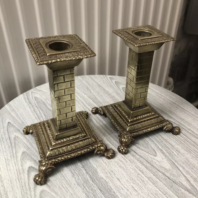 Beautiful Pair Of Solid Brass Antique / Vintage Candlesticks / Square / Rare 2