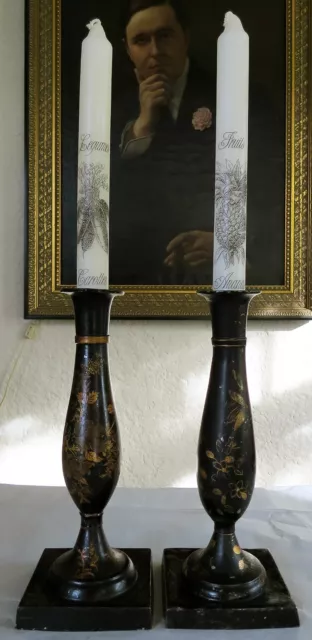 Pair Painted Metal French Tole Gold Black Chinoiserie Candle Sticks Holders 8.5"